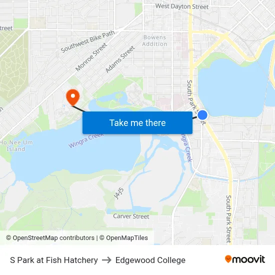 S Park at Fish Hatchery to Edgewood College map
