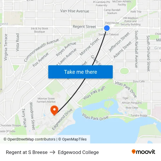 Regent at S Breese to Edgewood College map