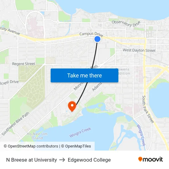 N Breese at University to Edgewood College map