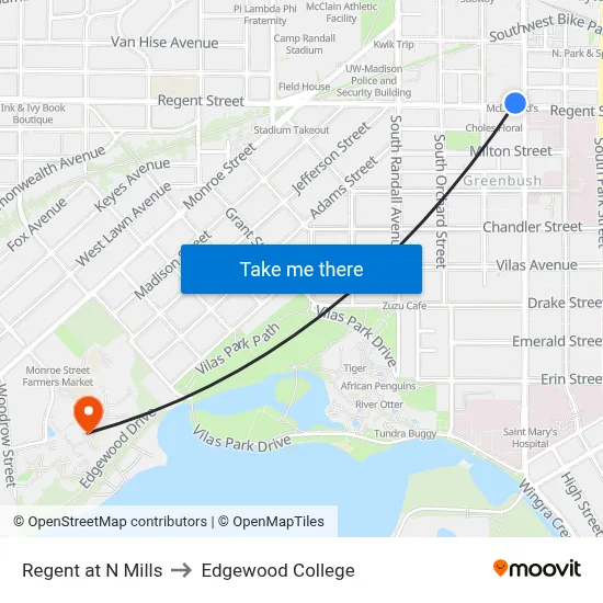 Regent at N Mills to Edgewood College map