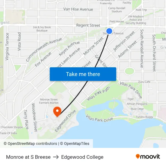 Monroe at S Breese to Edgewood College map