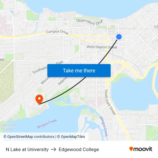 N Lake at University to Edgewood College map