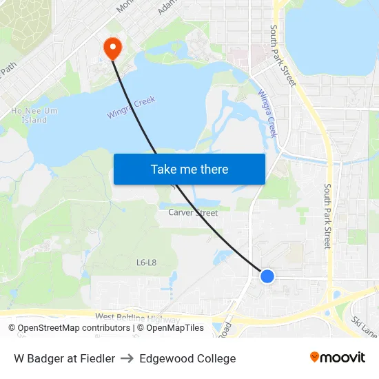 W Badger at Fiedler to Edgewood College map