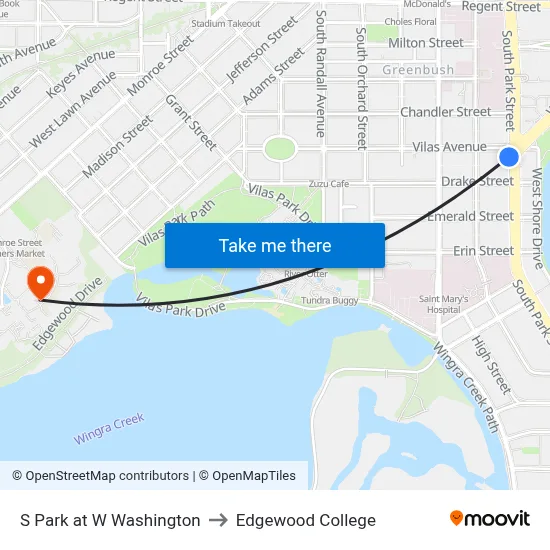 S Park at W Washington to Edgewood College map