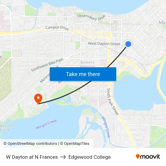 W Dayton at N Frances to Edgewood College map