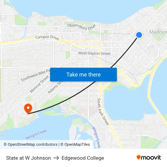 State at W Johnson to Edgewood College map