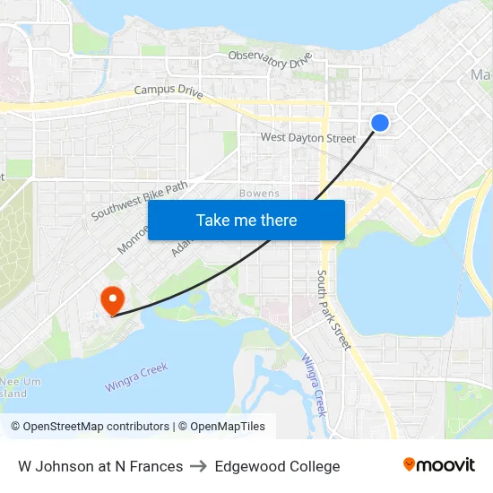 W Johnson at N Frances to Edgewood College map