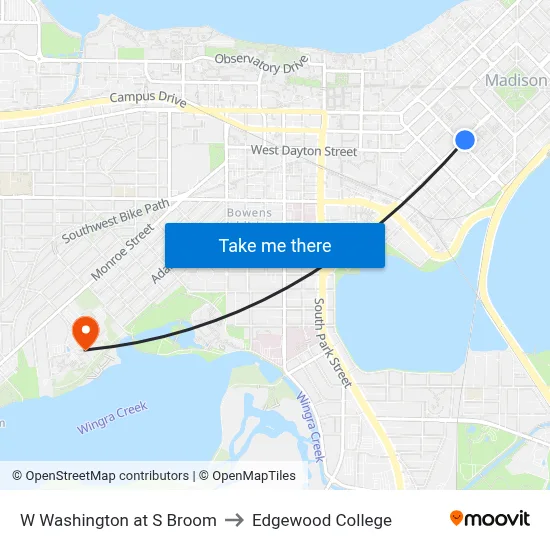 W Washington at S Broom to Edgewood College map