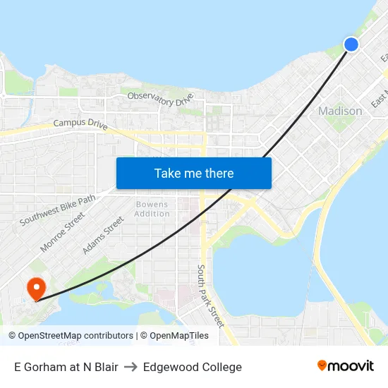 E Gorham at N Blair to Edgewood College map