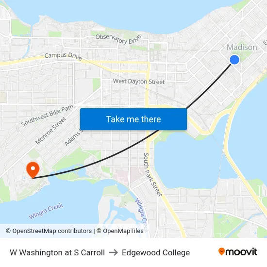 W Washington at S Carroll to Edgewood College map