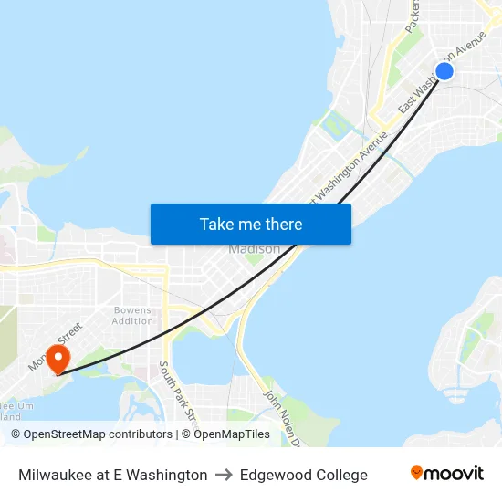 Milwaukee at E Washington to Edgewood College map