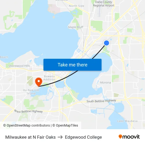 Milwaukee at N Fair Oaks to Edgewood College map