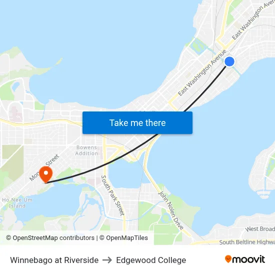 Winnebago at Riverside to Edgewood College map