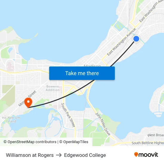 Williamson at Rogers to Edgewood College map