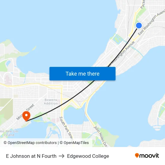 E Johnson at N Fourth to Edgewood College map