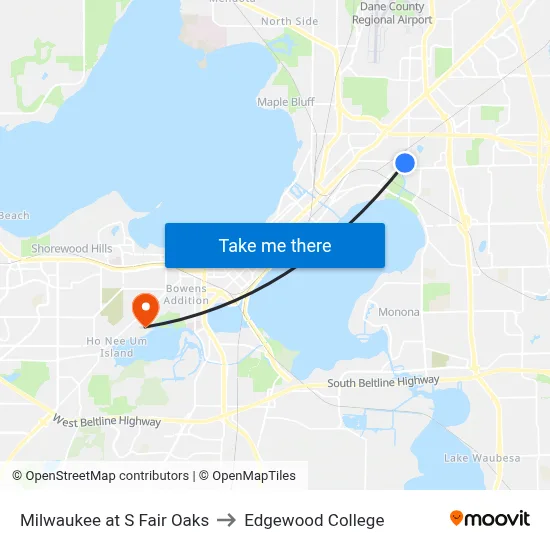 Milwaukee at S Fair Oaks to Edgewood College map