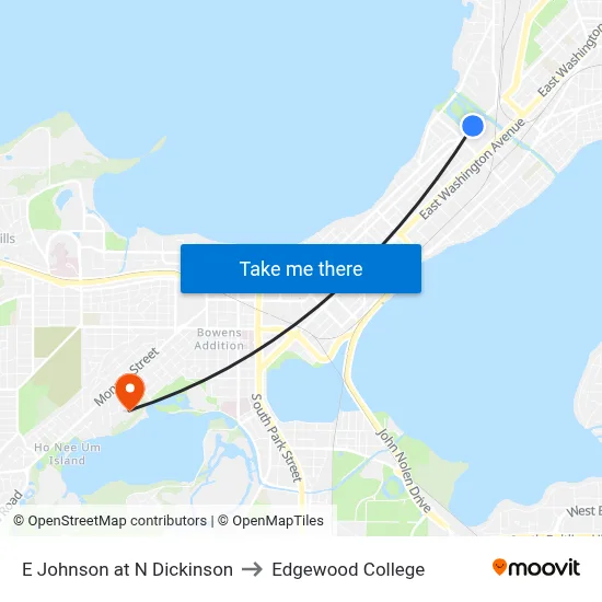 E Johnson at N Dickinson to Edgewood College map