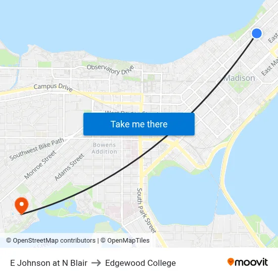 E Johnson at N Blair to Edgewood College map