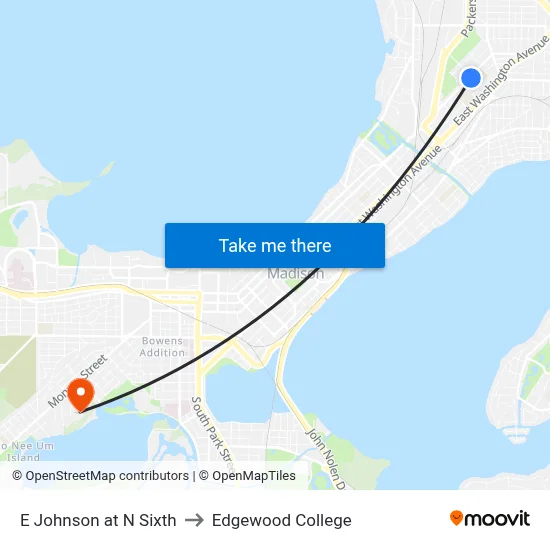E Johnson at N Sixth to Edgewood College map