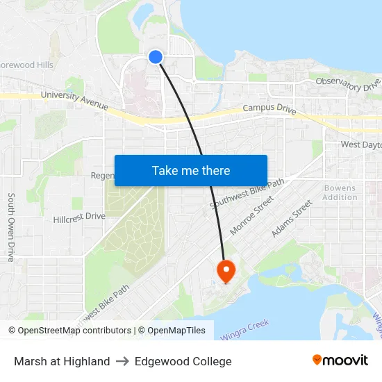 Marsh at Highland to Edgewood College map