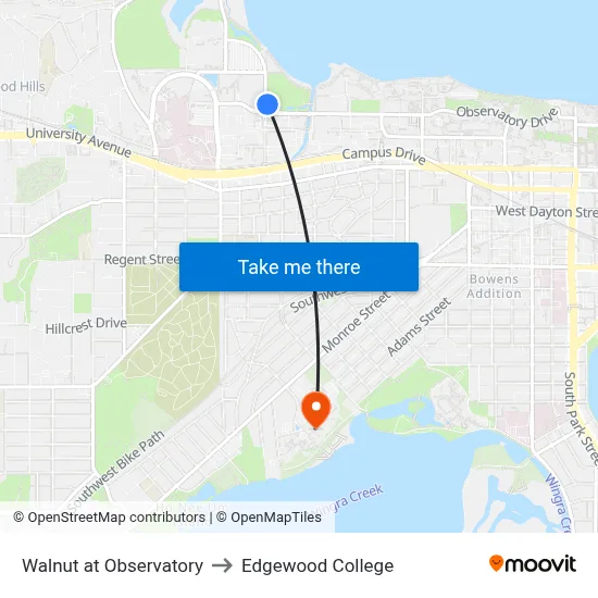 Walnut at Observatory to Edgewood College map
