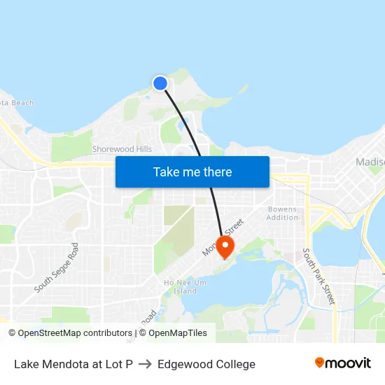 Lake Mendota at Lot P to Edgewood College map