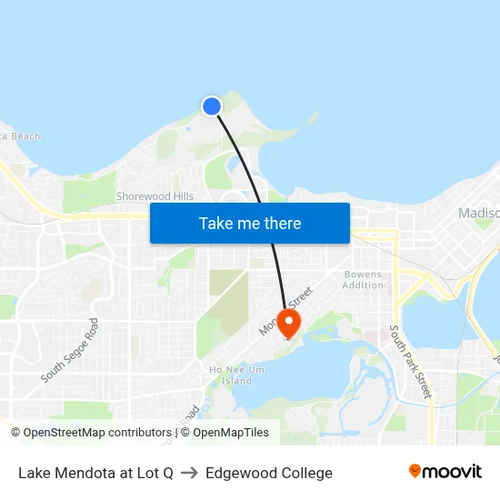 Lake Mendota at Lot Q to Edgewood College map