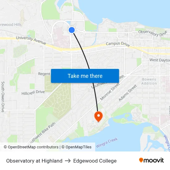 Observatory at Highland to Edgewood College map
