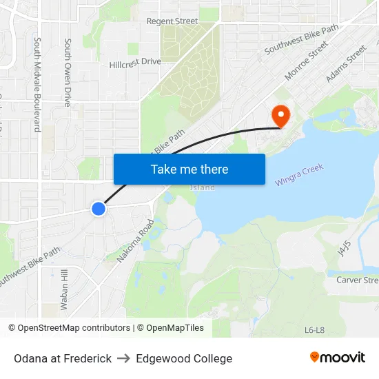 Odana at Frederick to Edgewood College map