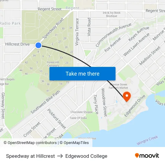 Speedway at Hillcrest to Edgewood College map