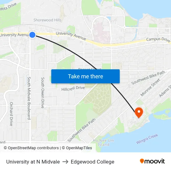 University at N Midvale to Edgewood College map