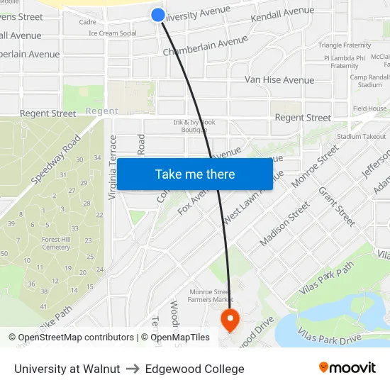 University at Walnut to Edgewood College map