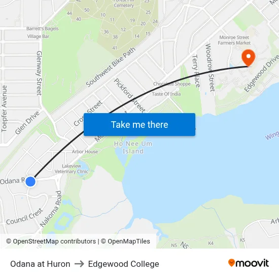 Odana at Huron to Edgewood College map