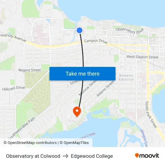 Observatory at Colwood to Edgewood College map