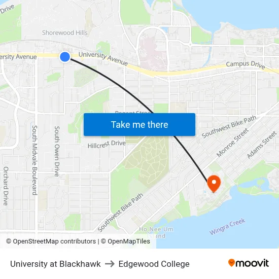 University at Blackhawk to Edgewood College map
