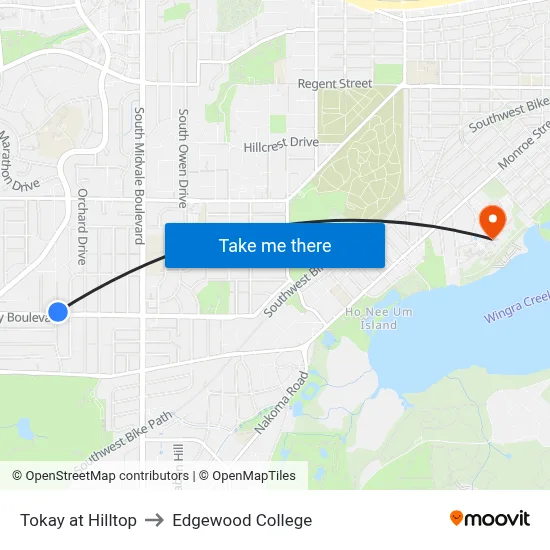 Tokay at Hilltop to Edgewood College map