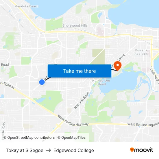 Tokay at S Segoe to Edgewood College map