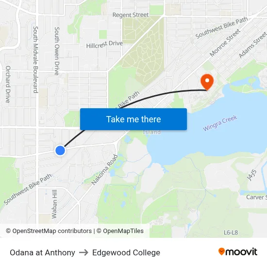 Odana at Anthony to Edgewood College map