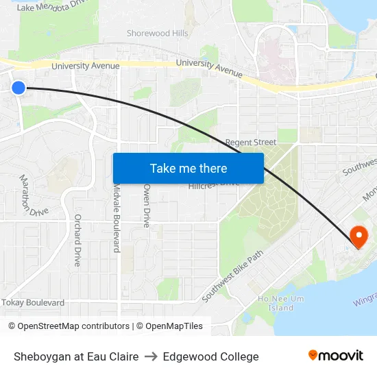 Sheboygan at Eau Claire to Edgewood College map