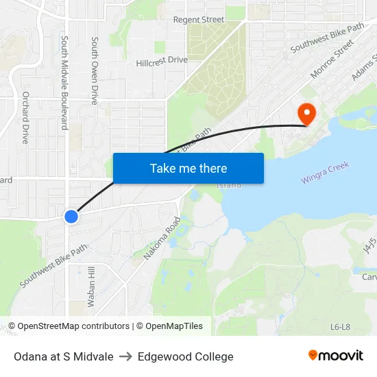 Odana at S Midvale to Edgewood College map