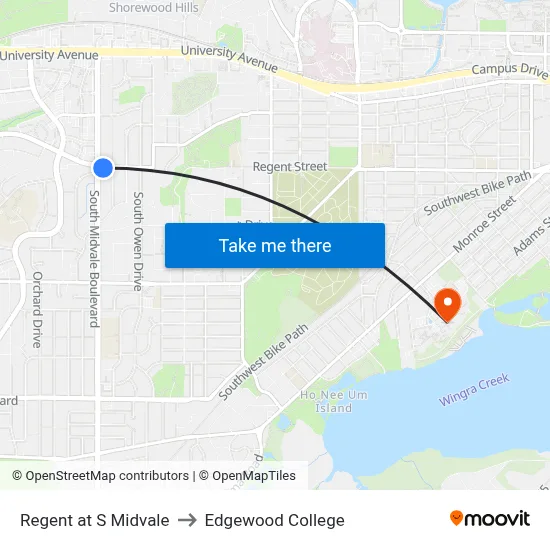 Regent at S Midvale to Edgewood College map