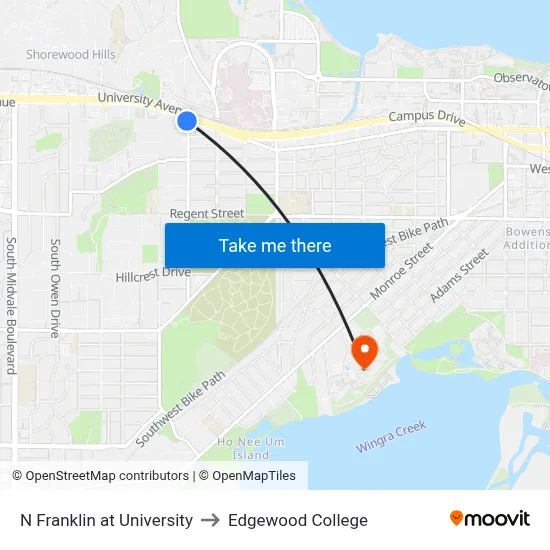 N Franklin at University to Edgewood College map
