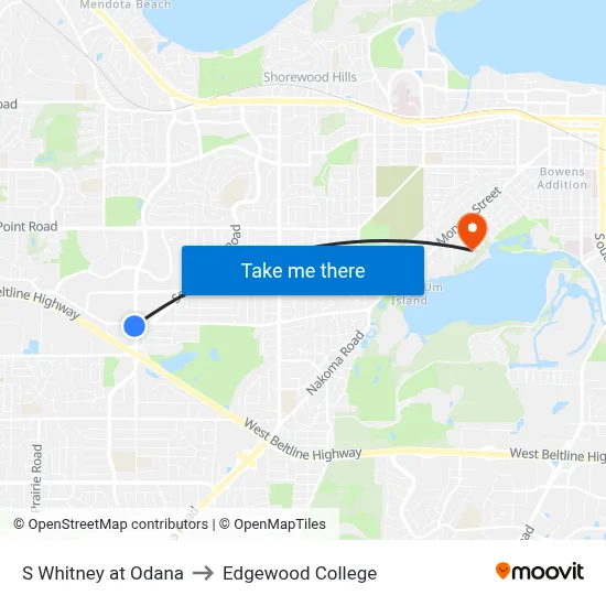 S Whitney at Odana to Edgewood College map