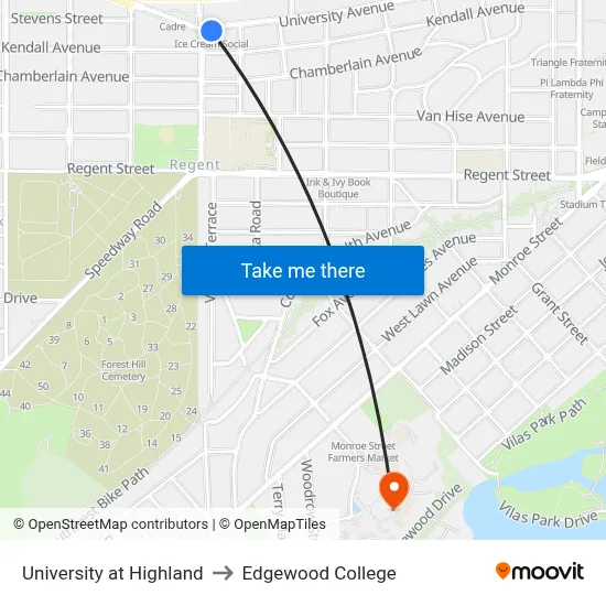 University at Highland to Edgewood College map