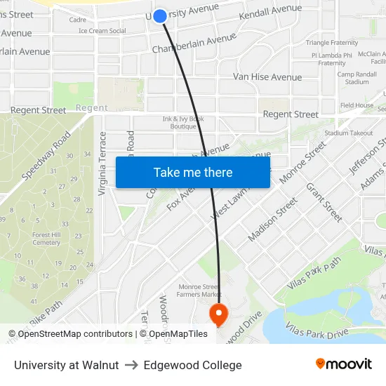 University at Walnut to Edgewood College map