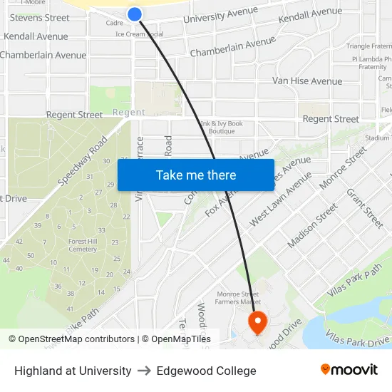 Highland at University to Edgewood College map