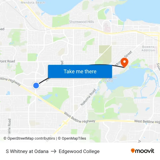 S Whitney at Odana to Edgewood College map