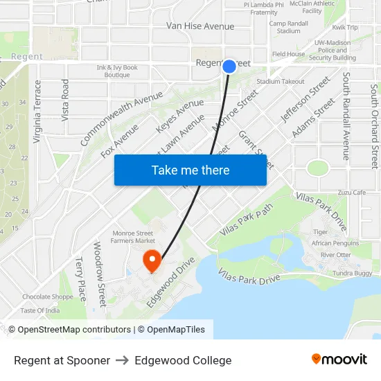 Regent at Spooner to Edgewood College map