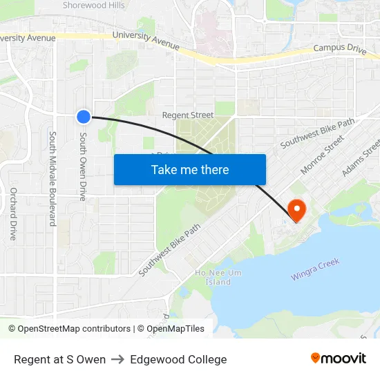 Regent at S Owen to Edgewood College map