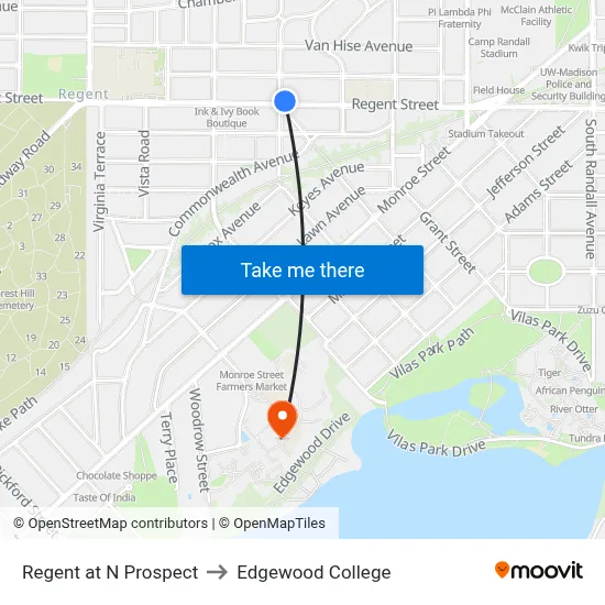 Regent at N Prospect to Edgewood College map